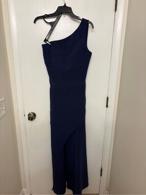 Maria Bianca Nero Navy One Shoulder Maxi Gown Slit 6